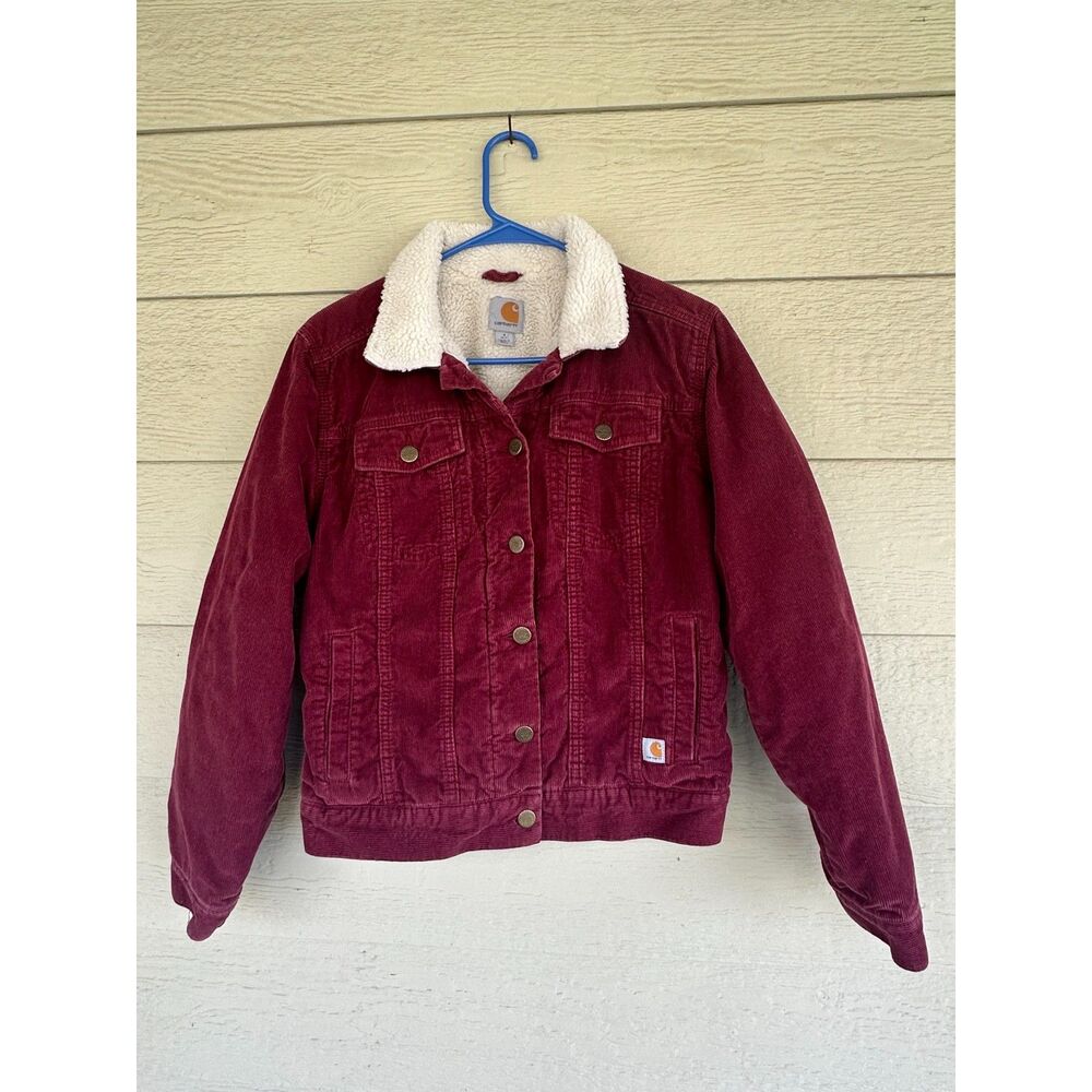 Carhartt Sherpa Lined Corduroy Trucker Jacket Burgundy Berry Women's S 4/6